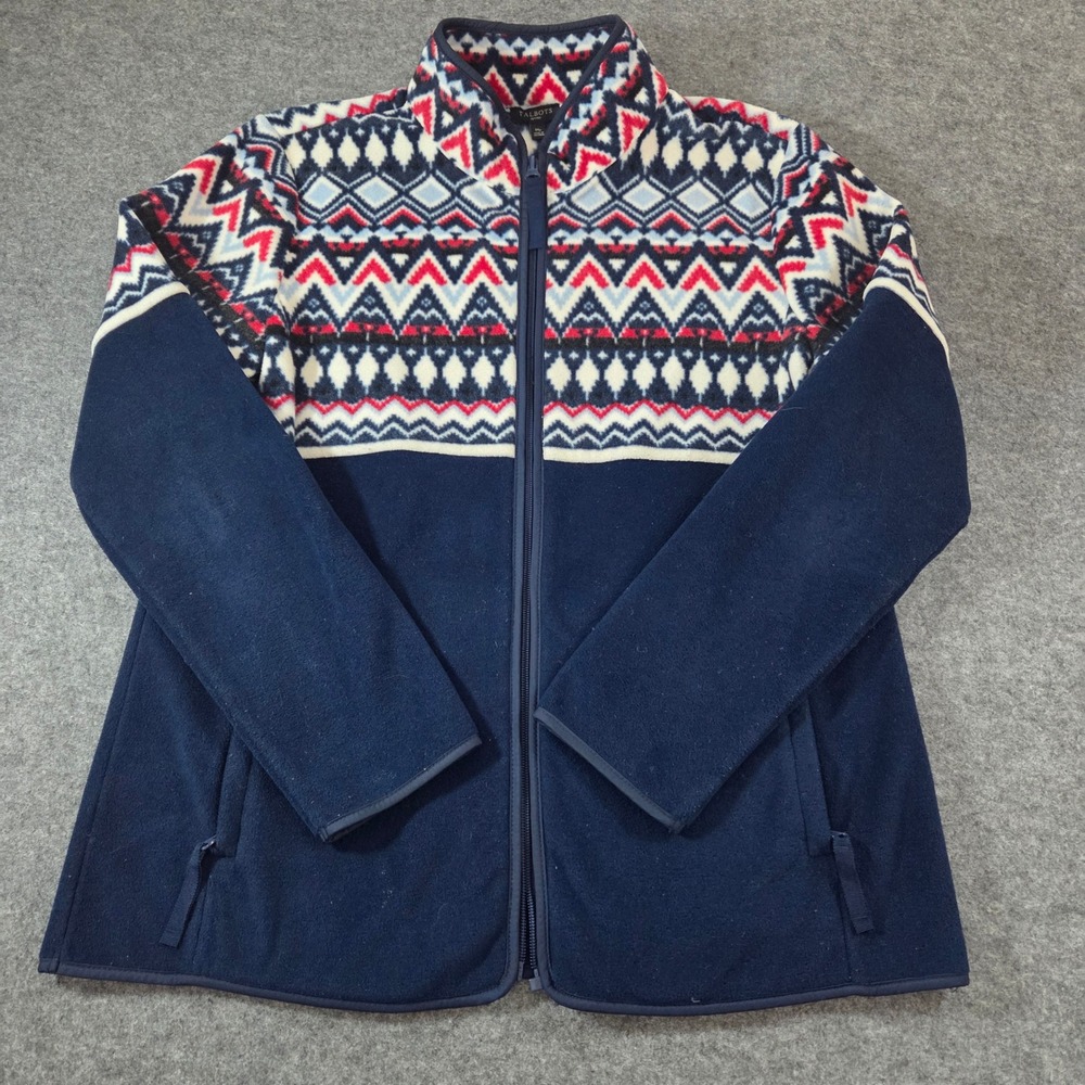 Talbots Petites MP Fair Isle Fleece Jacket Navy Red Nordic Full Zip Winter